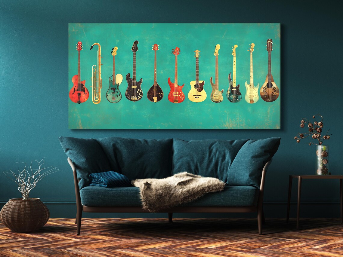 Room mockup with three teal guitar artwork panels above a sofa