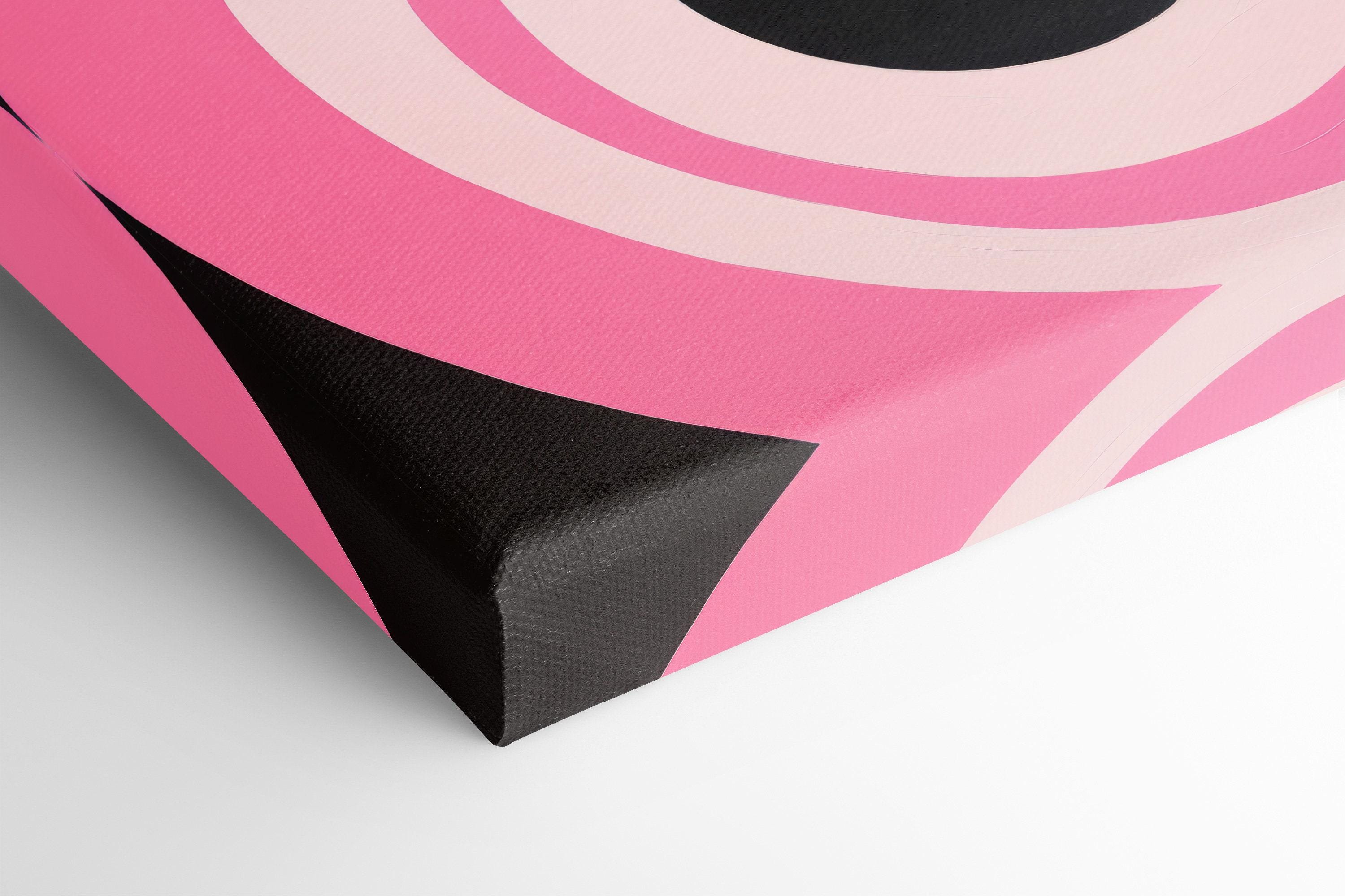 Hot pink and black concentric circles geometric artwork with pale ivory rings detail view