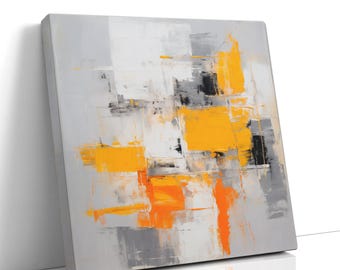 Orange & Grey Abstract Canvas Painting – Modern Minimalist Wall Art, Yellow Accent for Living Room, Bedroom, Office, Housewarming Gift