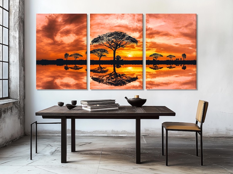 Three-panel sunset landscape with silhouetted trees and reflections in orange-red clouds