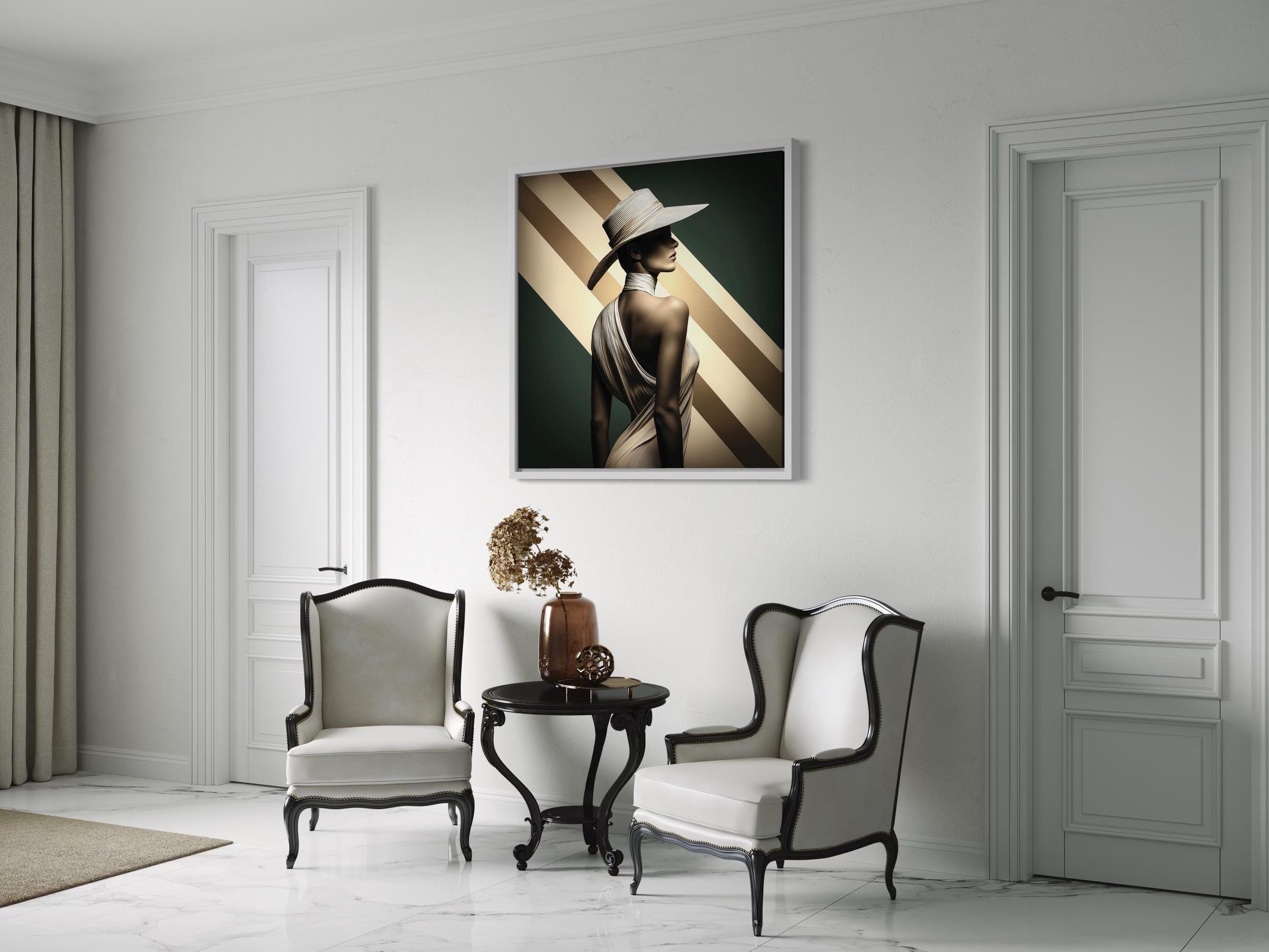 Modern room mockup showing a framed Art Deco style woman portrait above a console table