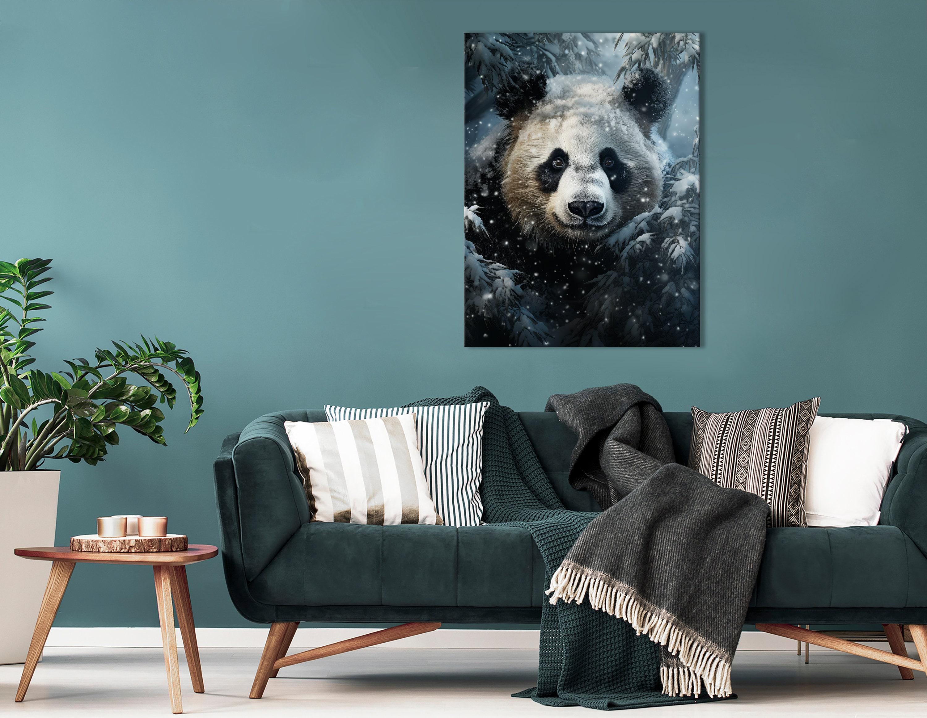 Snowy panda face artwork with falling snow and dark evergreen trees detail view