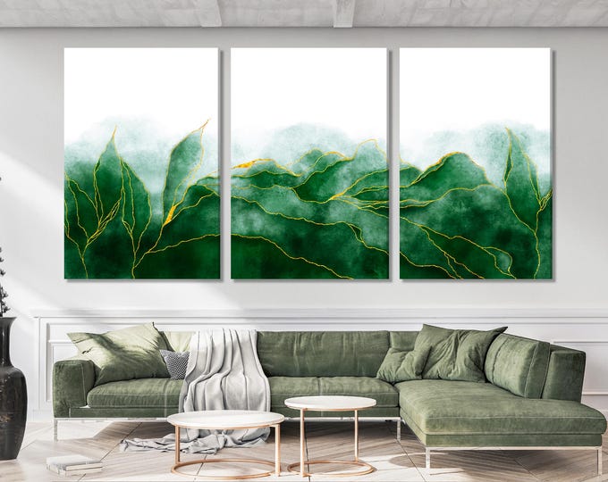 Watercolor Green and Gold Triptych Canvas Print Featuring Abstract Nature with Cracked Marble Art– Modern Wall Art for Home and Office Decor