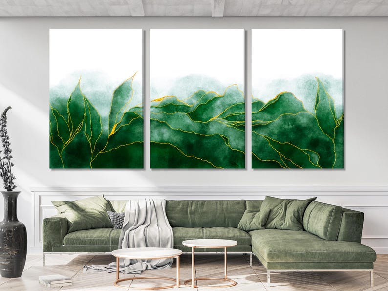 Three-panel abstract botanical artwork with layered green washes and fine gold vein lines