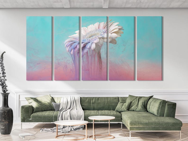 Five-panel pastel floral artwork with a white blossom over blue and pink gradients