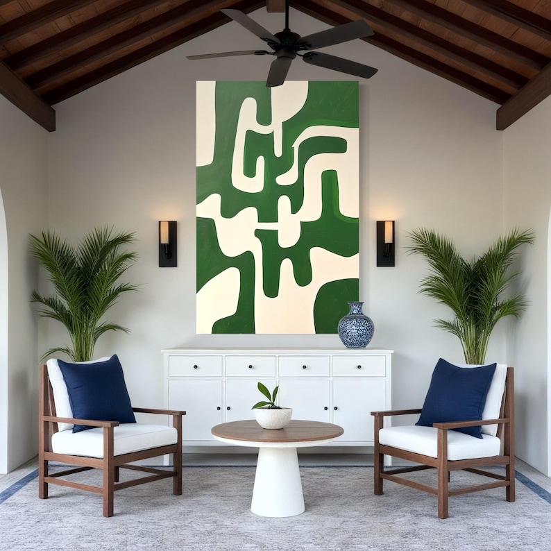 Vertical abstract artwork with emerald green and off-white interlocking organic shapes