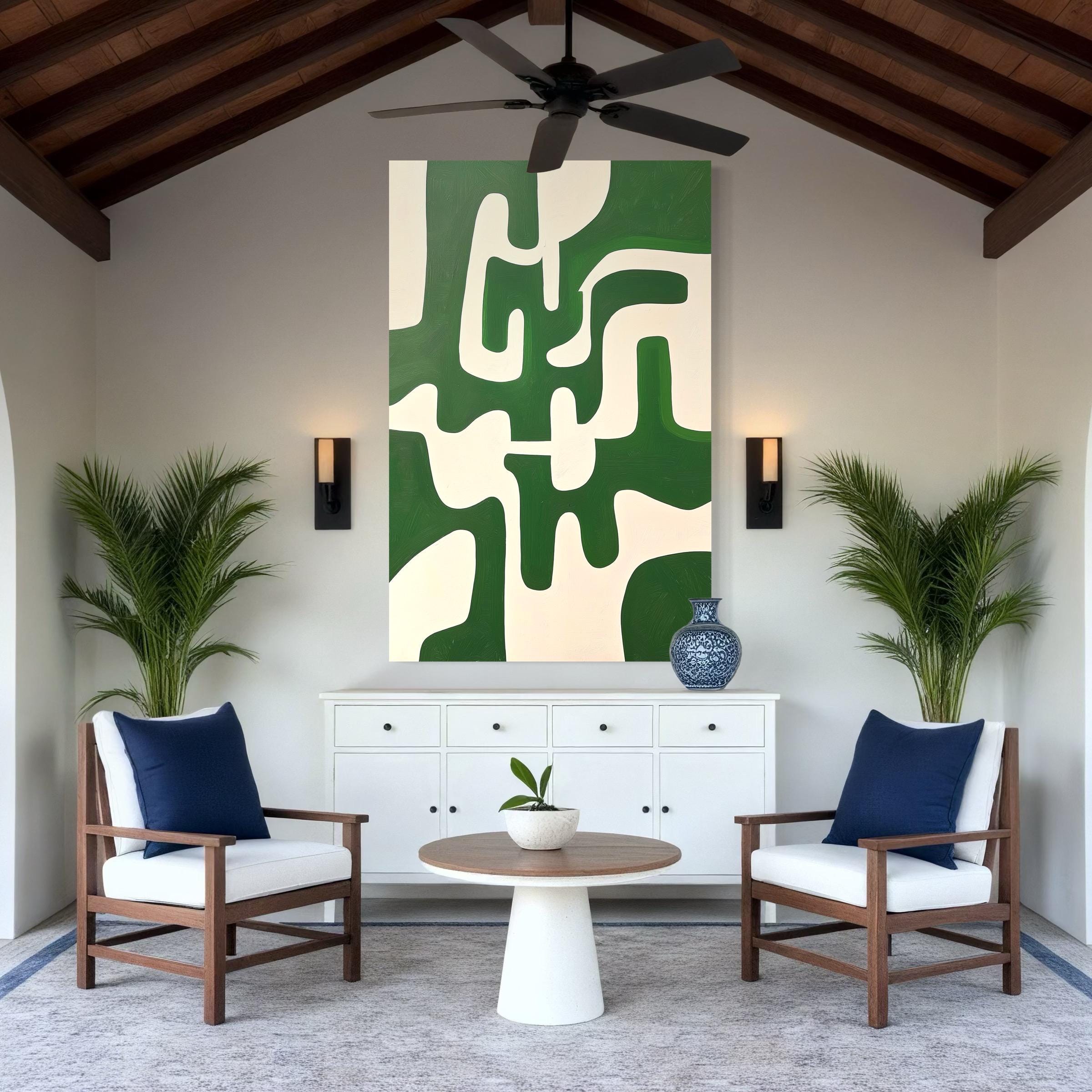 Vertical abstract artwork with emerald green and off-white interlocking organic shapes
