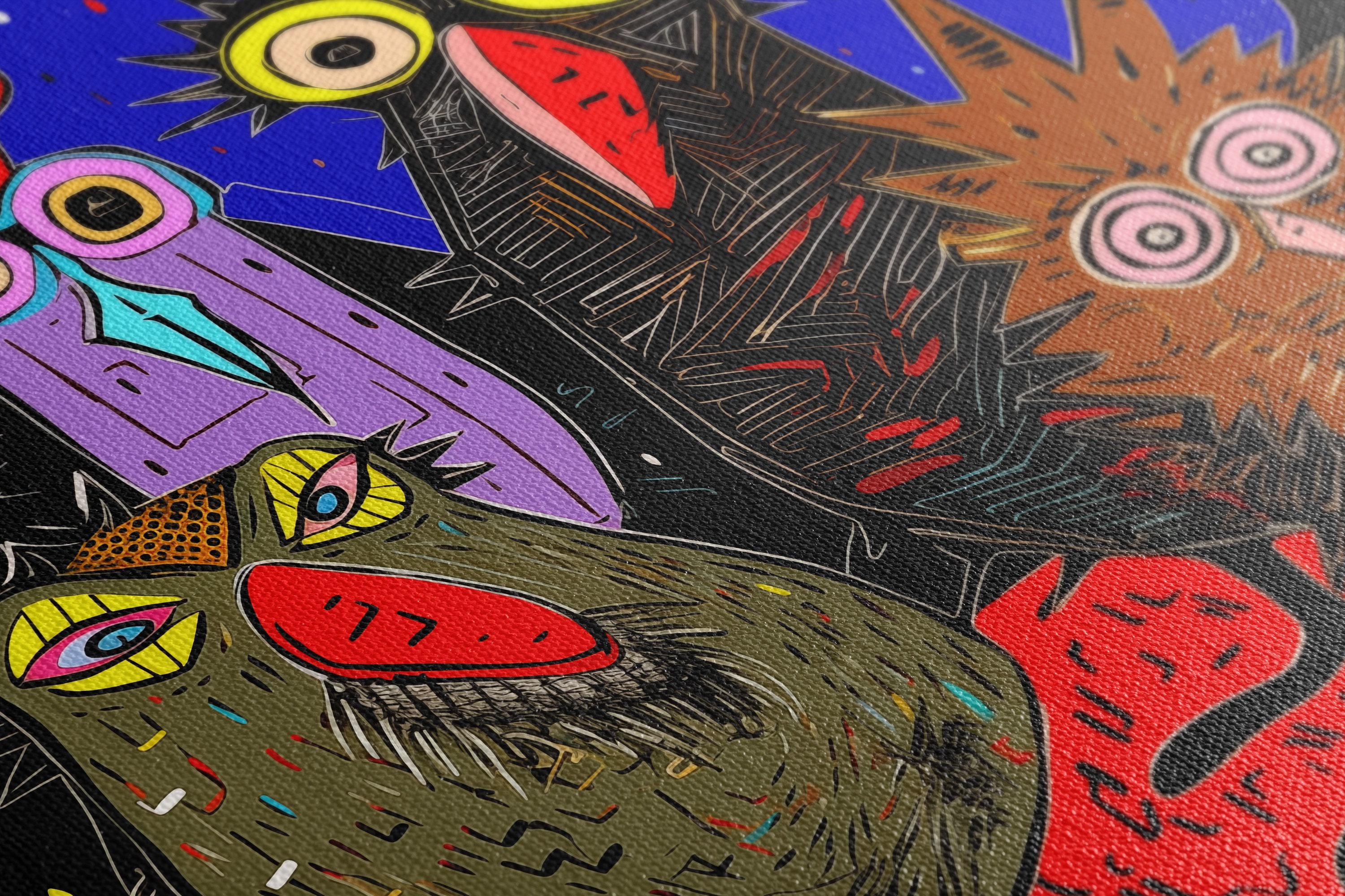 Colourful owl quartet illustration with oversized eyes on an electric blue rainy sky detail view