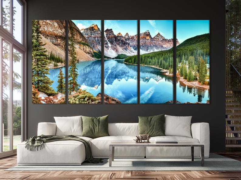 Multi-panel mountain lake landscape with turquoise water reflections, evergreen trees and rocky peaks