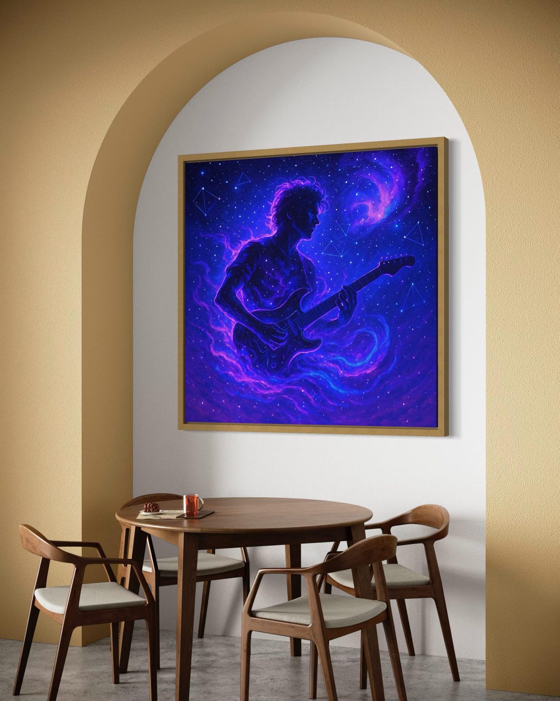 Silhouetted guitarist playing an electric guitar in a neon purple galaxy with stars and constellation lines detail view