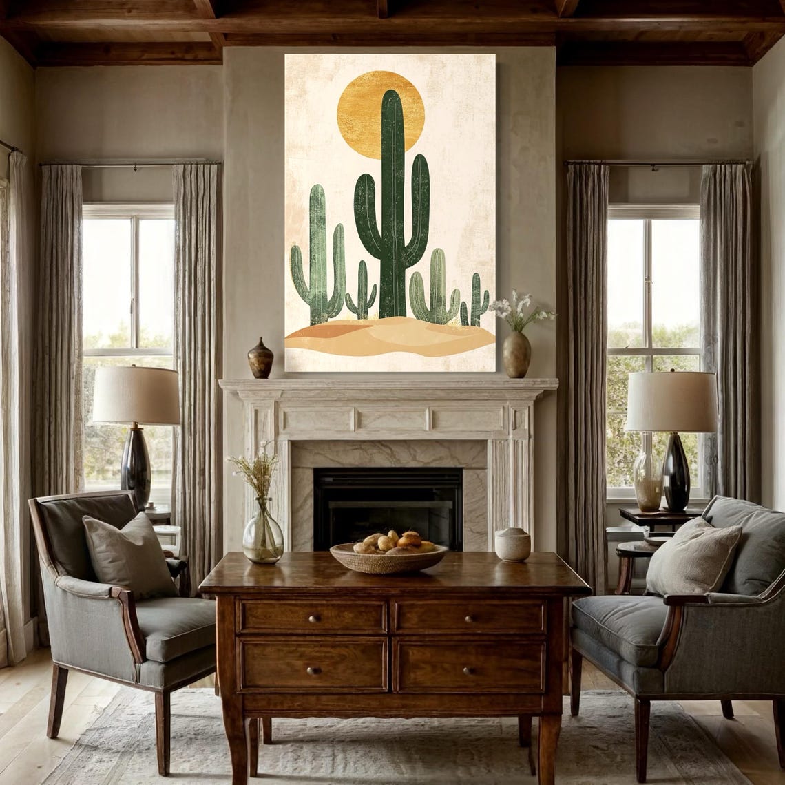 Stylised saguaro cactus silhouettes in green with a golden sun above warm beige desert sand detail view