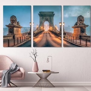 Chain Bridge Wall Art, Budapest Landmark Canvas Print, Morning Fog Cityscape Decor, Iconic Hungarian Bridge Artwork for Living Room / Office