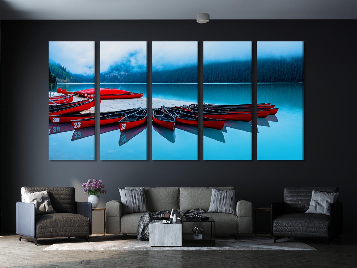 Room mockup showing a large landscape artwork on a white brick wall
