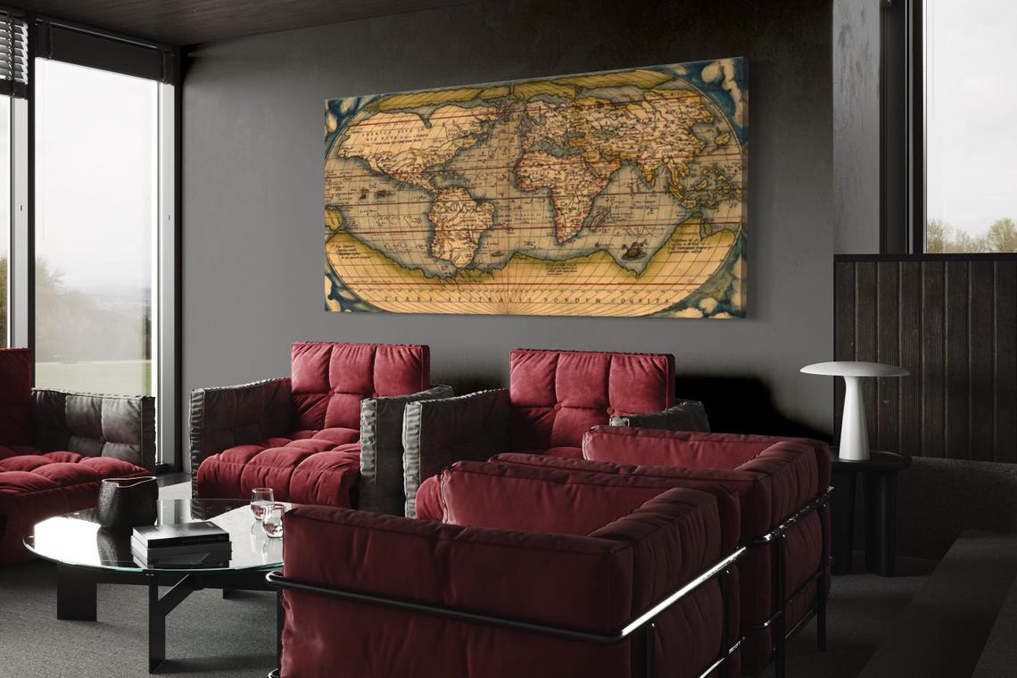 An antique-style world map fills the scene, showing continent shapes in sepia and muted teal with ornate borders and compass-line detailing detail