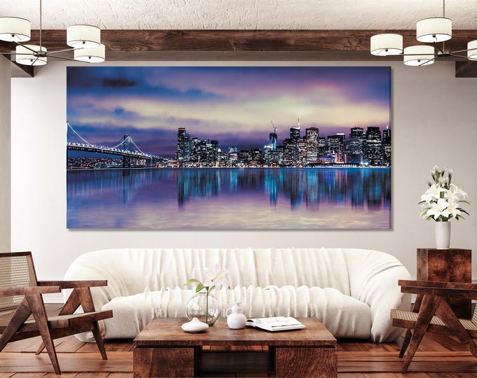 Large San Francisco Skyline Canvas Print, California Cityscape Wall Art, Oversized Bay Bridge Artwork, Night City Canvas for Modern Decor