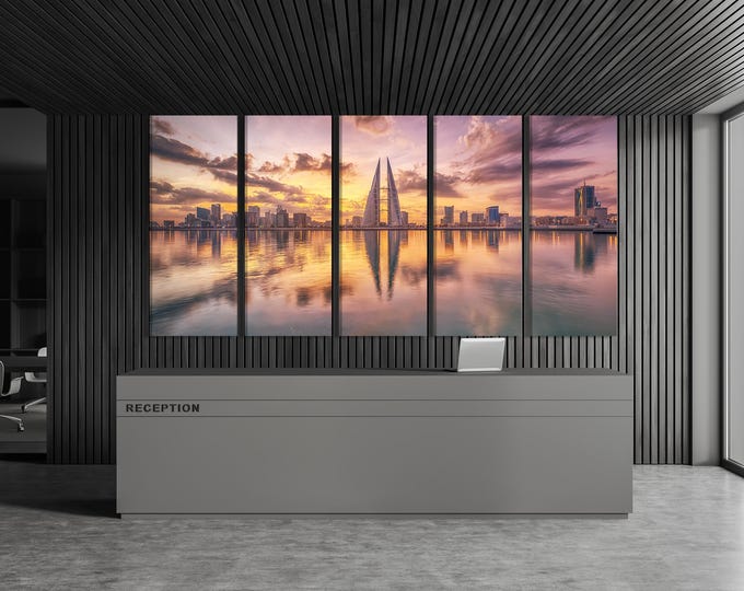 Bahrain Skyline Wall Art, Cityscape Sunset Canvas, 3-Panel Cityscape Print, Bahrain World Trade Center, Modern Urban Print for Office Decor
