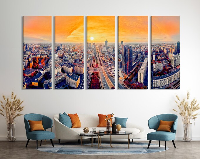 Warsaw Cityscape Canvas Print Warsaw Skyline Modern Wall Art Sunset Panorama of Warsaw Print Mennica Legacy Tower Large Poliand City Decor