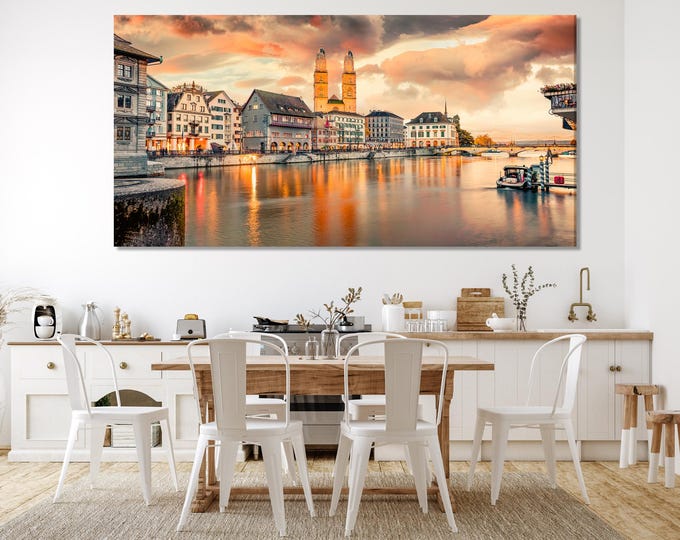 Grossmunster Church Canvas Print, Zurich Cityscape Wall Art, Sunset on Limmat River, Large Swiss Landscape Decor, Historic Zurich Artwork