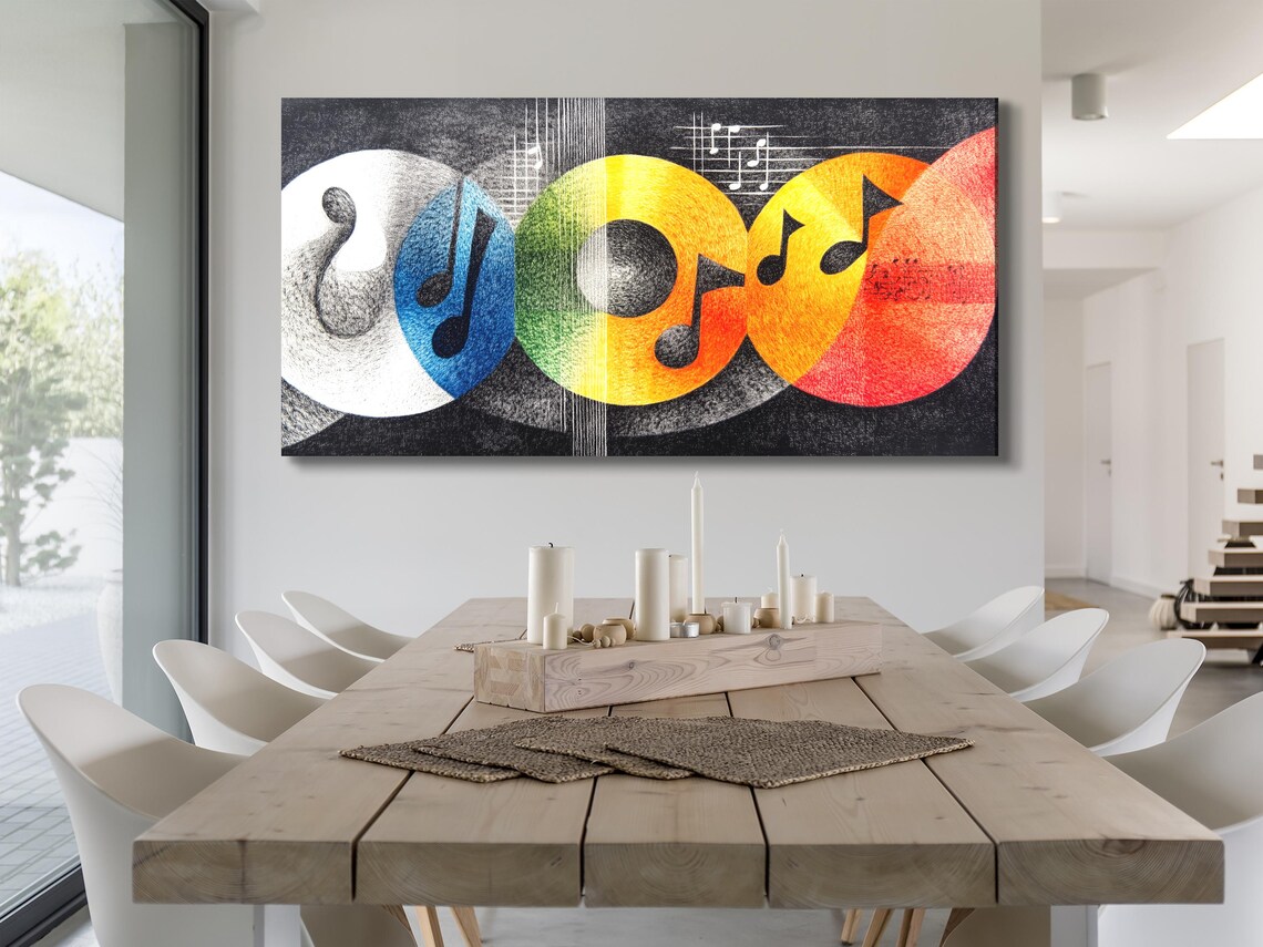 Three vibrant abstract panels show large music-note shapes over black speckled and geometric grids, with circular colour fields in blue, yellow and