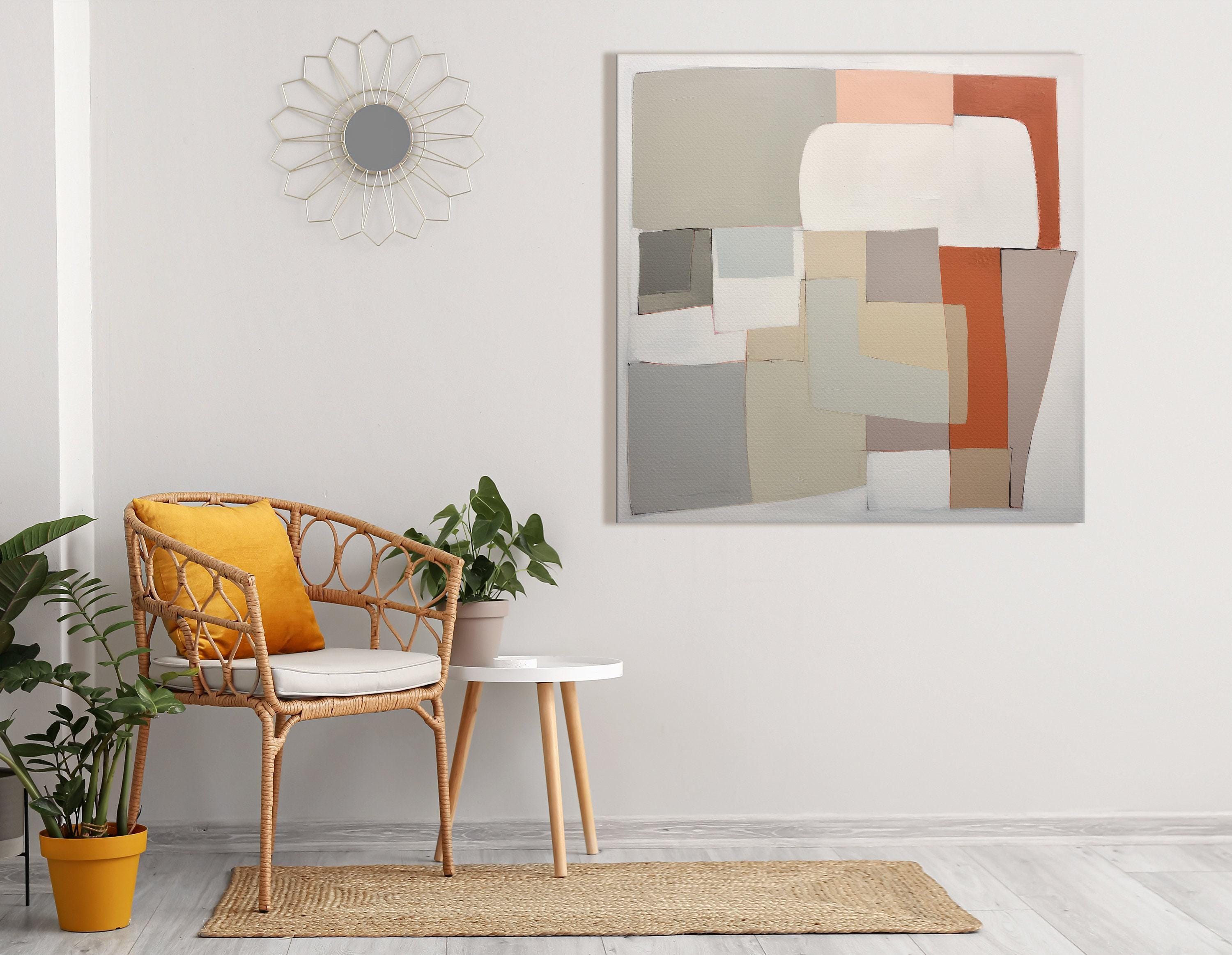 Neutral geometric abstract artwork with layered rectangles in cream, sage green and terracotta accents detail view