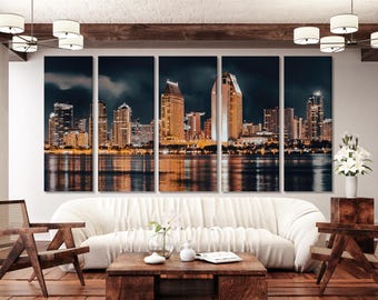 Impresión en lienzo del horizonte de San Diego: gran arte mural con paisaje urbano nocturno, vista costera del centro, decoración urbana moderna para sala de estar u oficina.