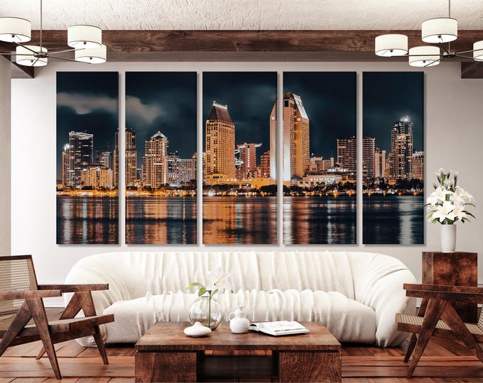 San Diego Skyline Canvas Print – Large Night Cityscape Wall Art, Downtown Waterfront View, Modern Urban Decor for Living Room or Office