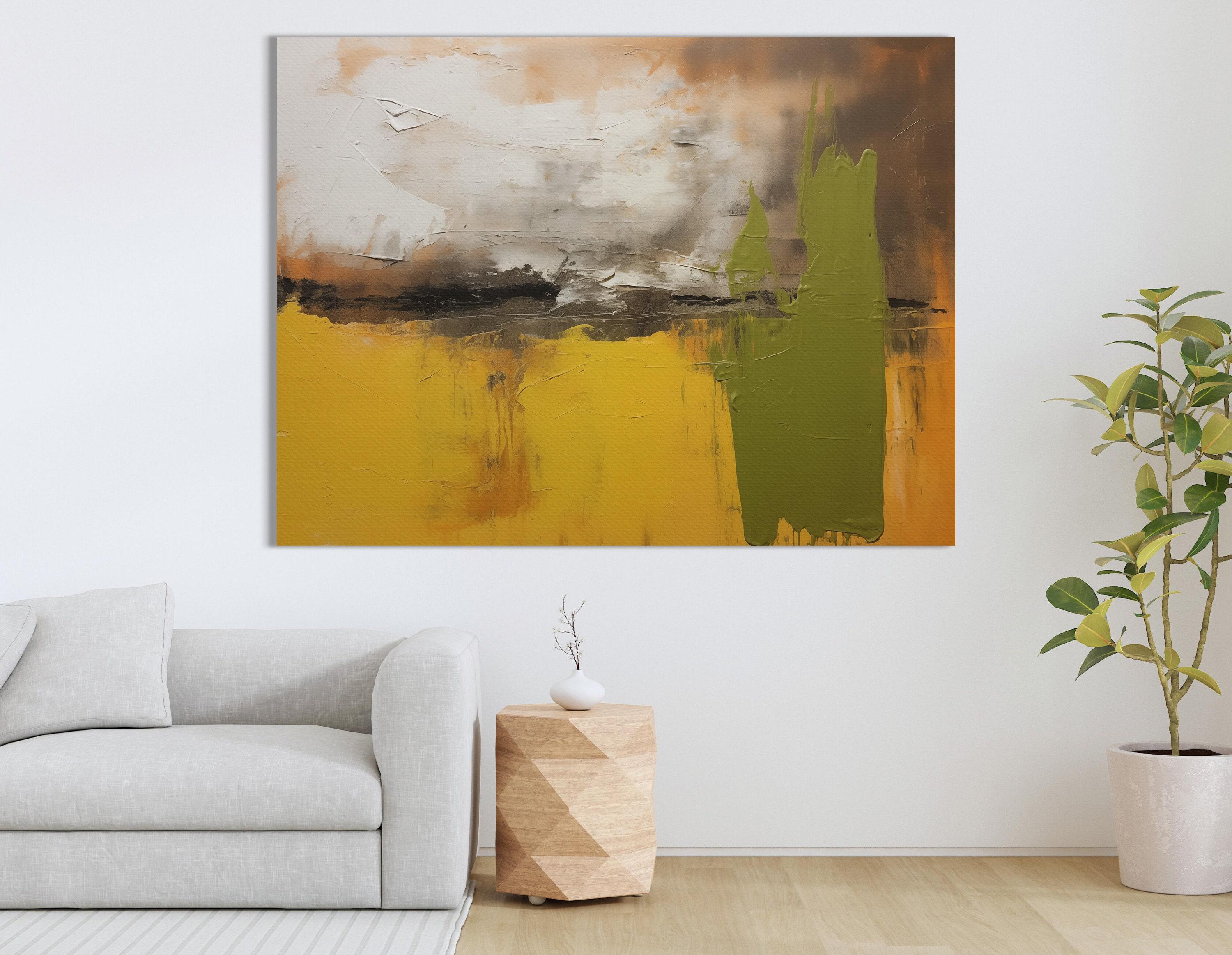 Abstract painting in mustard yellow, olive green, cream and dark charcoal with textured brush marks detail view