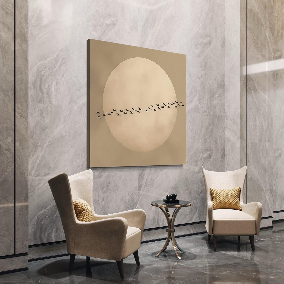 A living room mockup with a wall hanging showing a pale moon and flying bird silhouettes