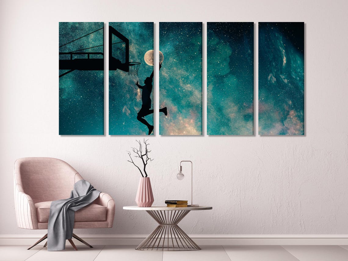 Moonlit basketball dunk scene with a silhouetted player near a hoop against a starry teal night sky detail view