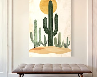 May include: A digital illustration of a desert landscape with a large yellow sun and multiple green cacti. The cacti are different sizes and shapes, with some having multiple arms.