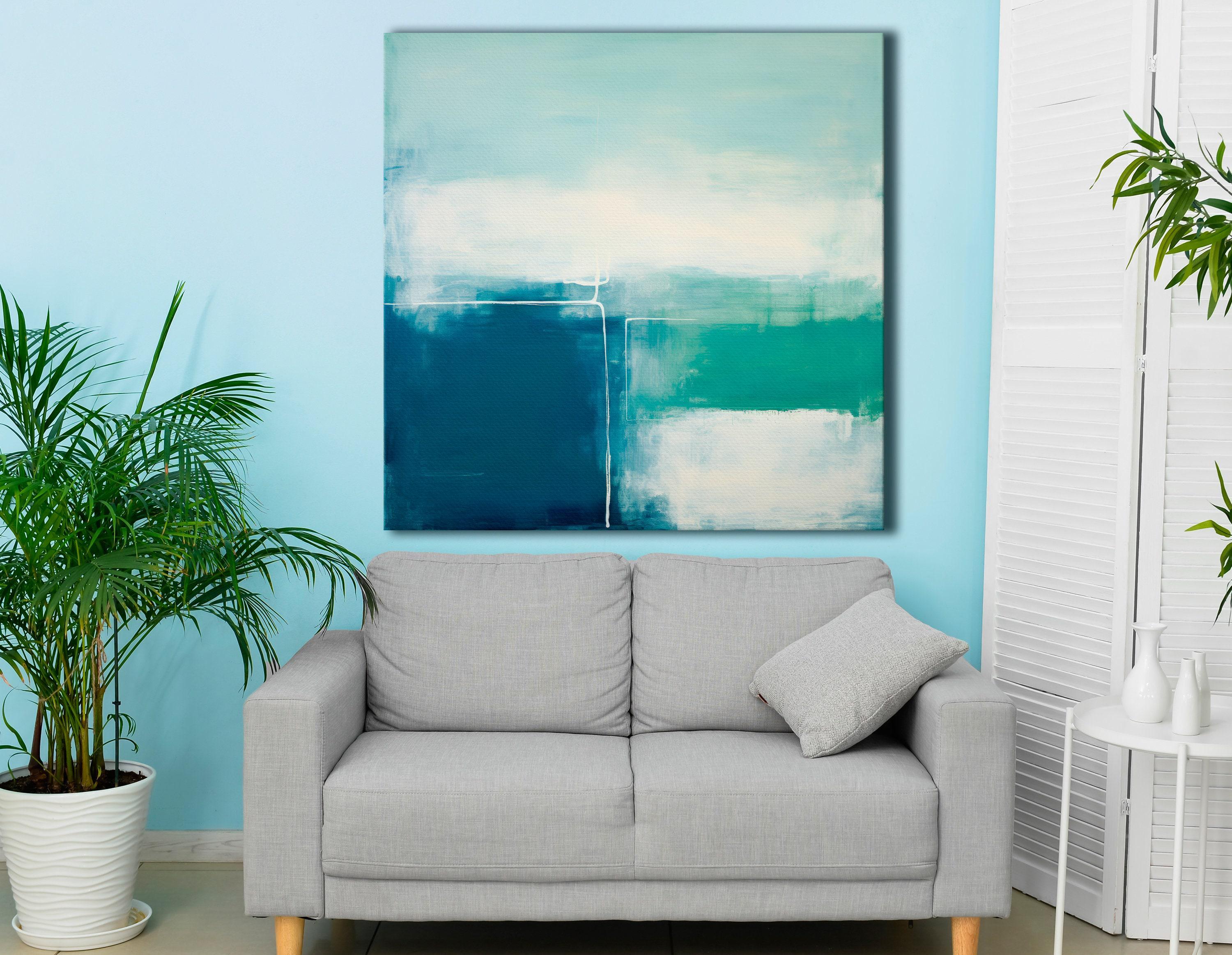 Teal and seafoam abstract artwork with faint geometric linework detail view
