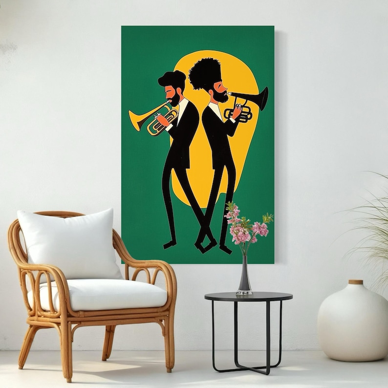 Two stylised black trumpet players in profile against a rich green background with a yellow circle and pink flowers