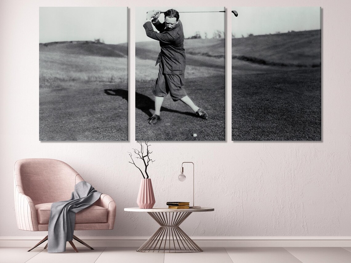 Black-and-white golfer mid-swing on a fairway with a long shadow detail view