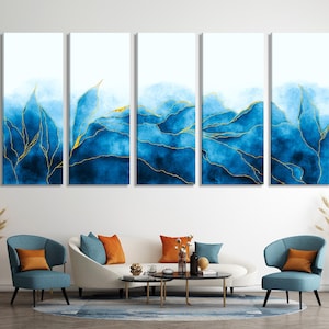 Abstract Art - Blue Abstract Canvas Art Extra Large Wall Art Watercolor Navy Abstract Art Wall Decor Abstract Print Blue Wave Decor Painting