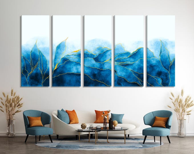 Abstract Art - Blue Abstract Canvas Art Extra Large Wall Art Watercolor Navy Abstract Art Wall Decor Abstract Print Blue Wave Decor Painting