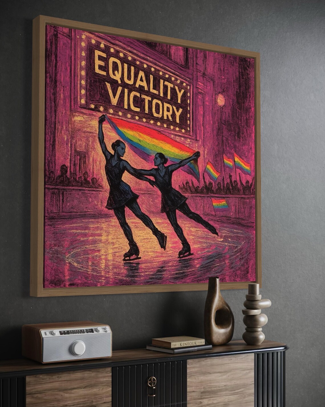 Room mockup showing Equality Victory wall art above a wooden console table