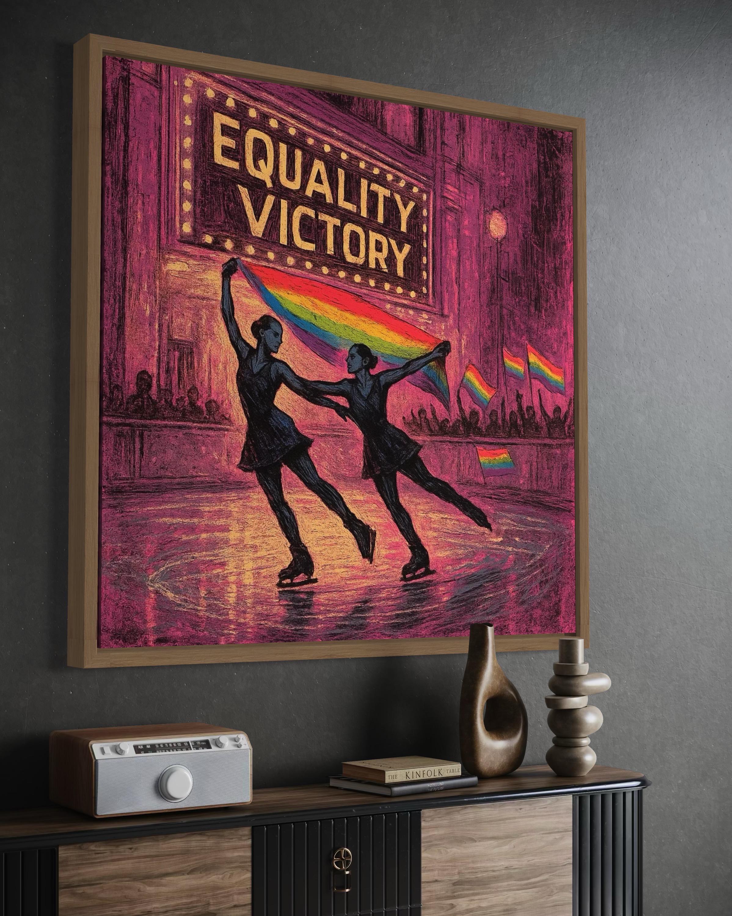 Room mockup showing Equality Victory wall art above a wooden console table