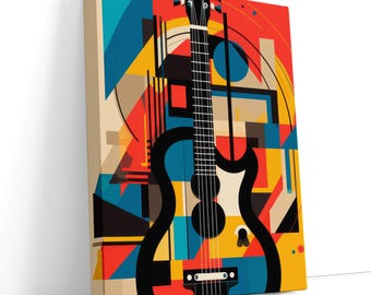 Obraz na płótnie z gitarą w stylu retro pop – geometryczny turkusowo-czerwono-żółty wydruk ścienny, dekoracja pokoju muzycznego w stylu mid-century modern, prezent na parapetówkę dla gitarzysty