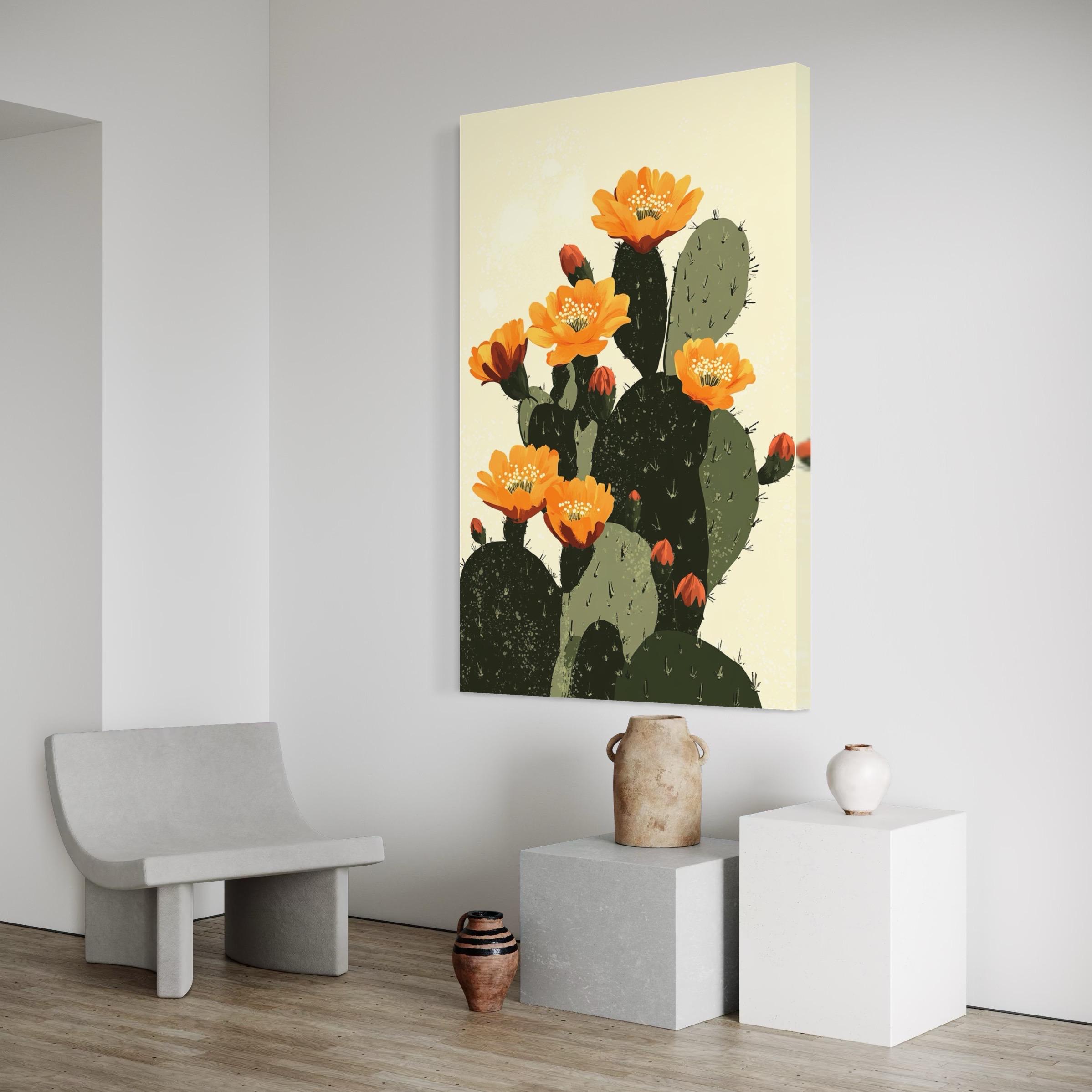 Room mockup with a cactus artwork hanging on a wall between green plants