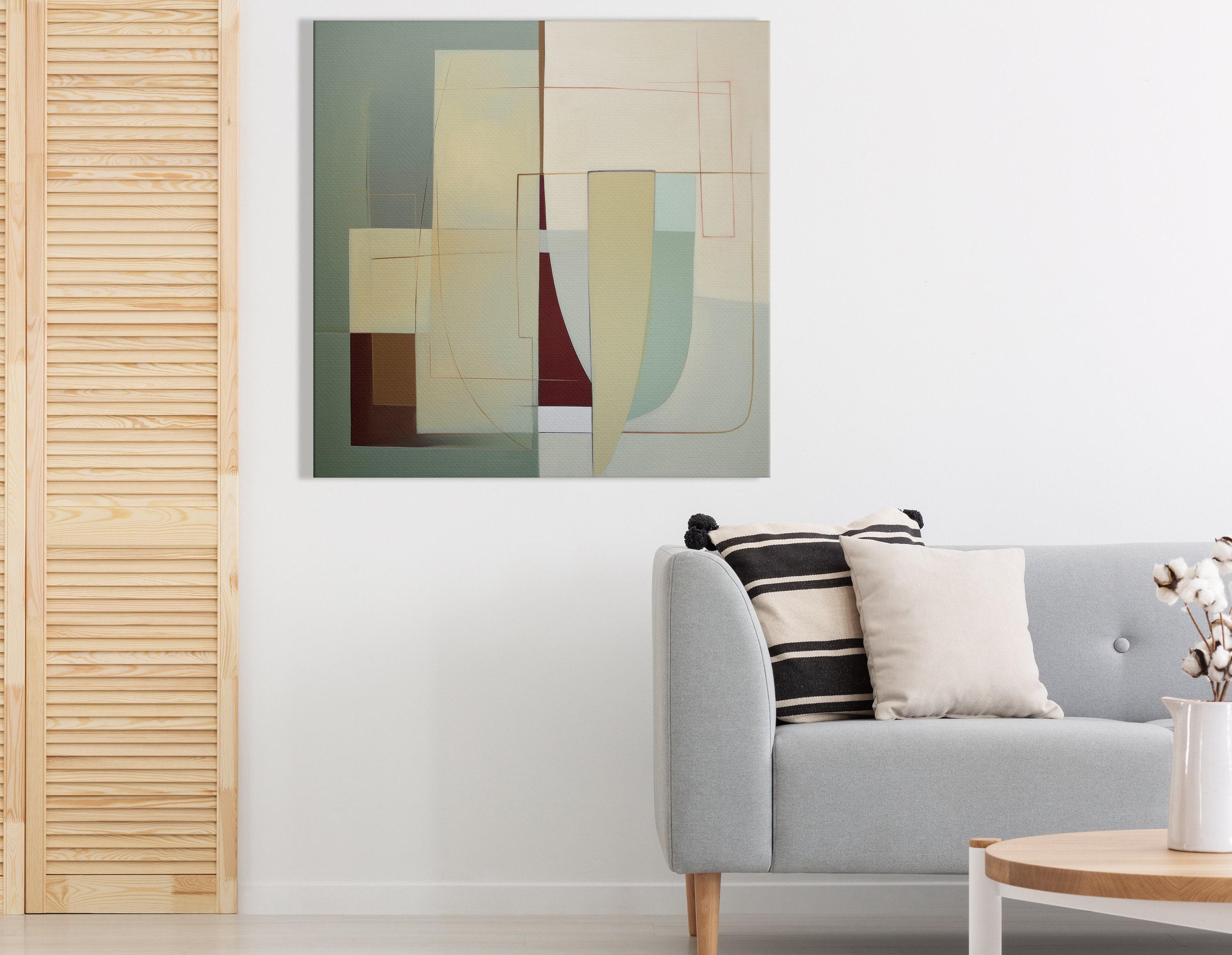 A framed abstract geometric composition combines muted sage and terracotta blocks with cream and burgundy lines in a balanced, mid-century style