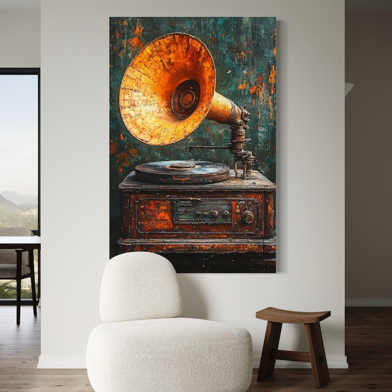Vintage gramophone with a burnt orange horn and dark record on a textured teal background