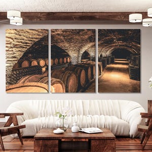 Wine Cellar Canvas Print, Rustic Barrel Wall Art, Vintage Winery Decor, Large 3 Panel Wine Artwork, Vineyard Cellar Landscape Canvas Print
