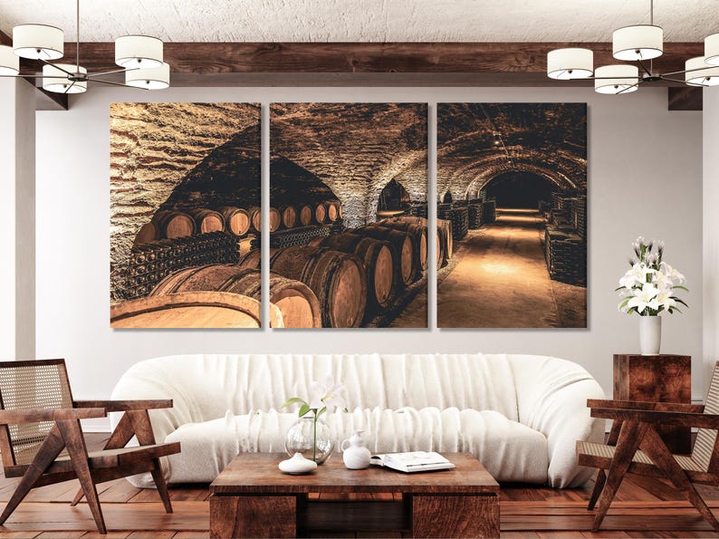 Three-panel wine cellar scene with stacked wooden barrels and a warm glowing arched corridor