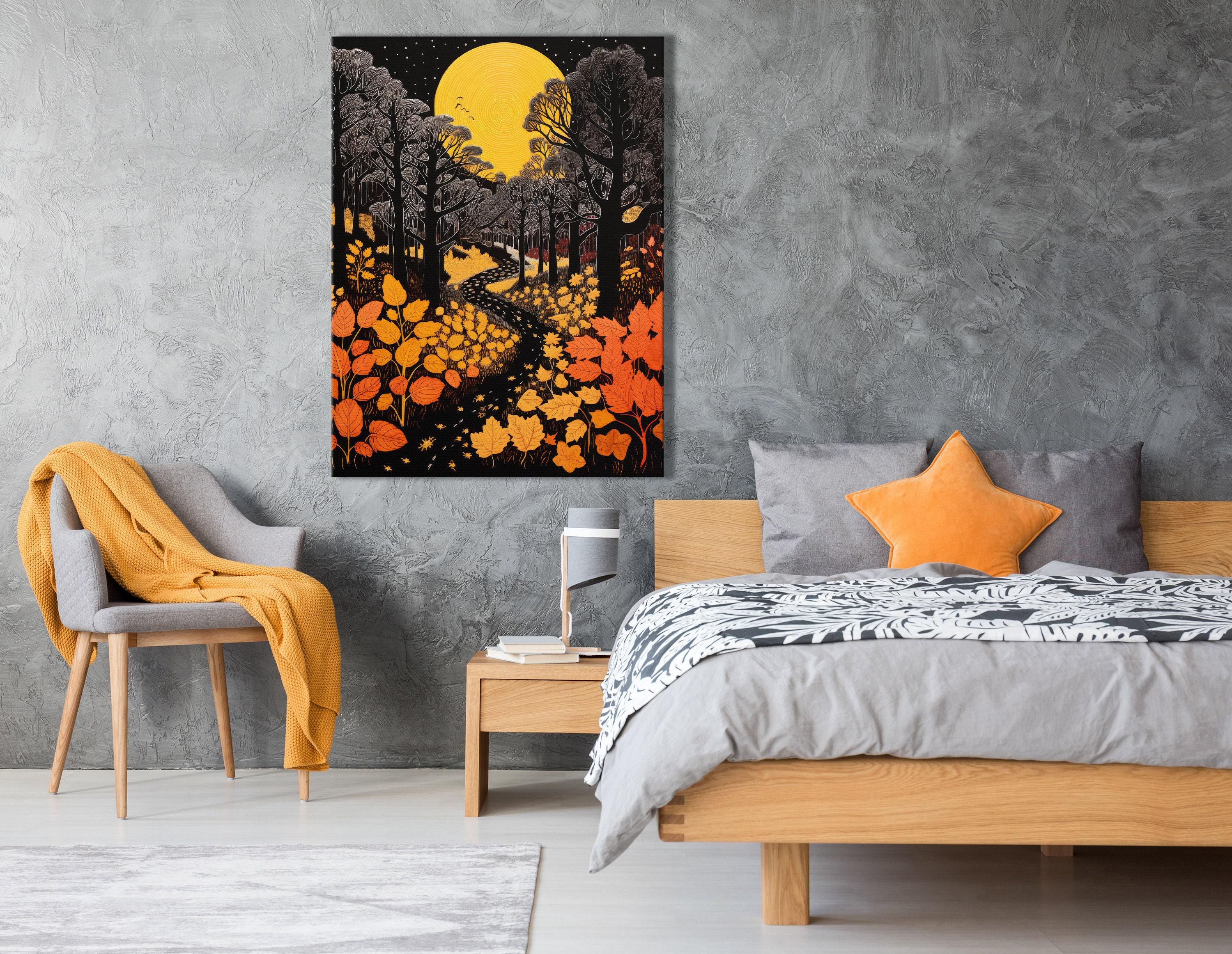 Moonlit autumn forest with glowing yellow moon, dark tree silhouettes and falling orange leaves detail view