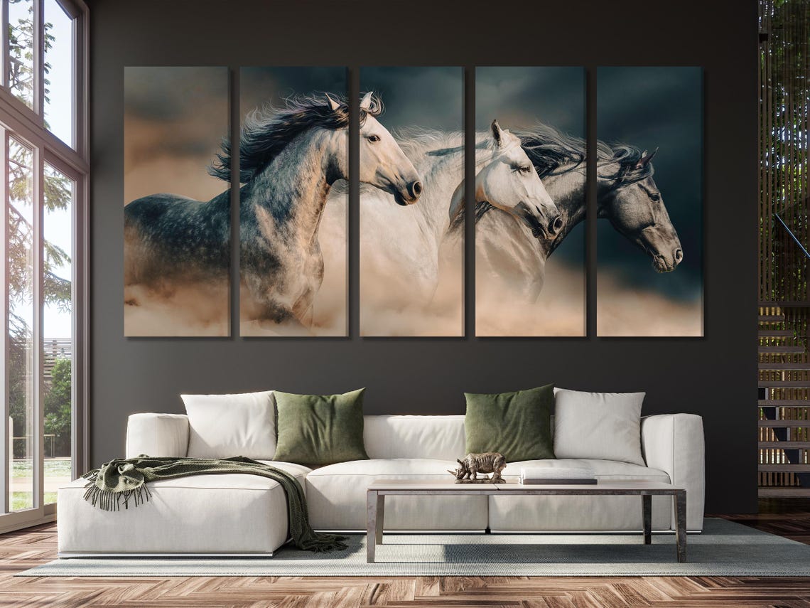 Room mockup showing a running horses artwork above a sofa