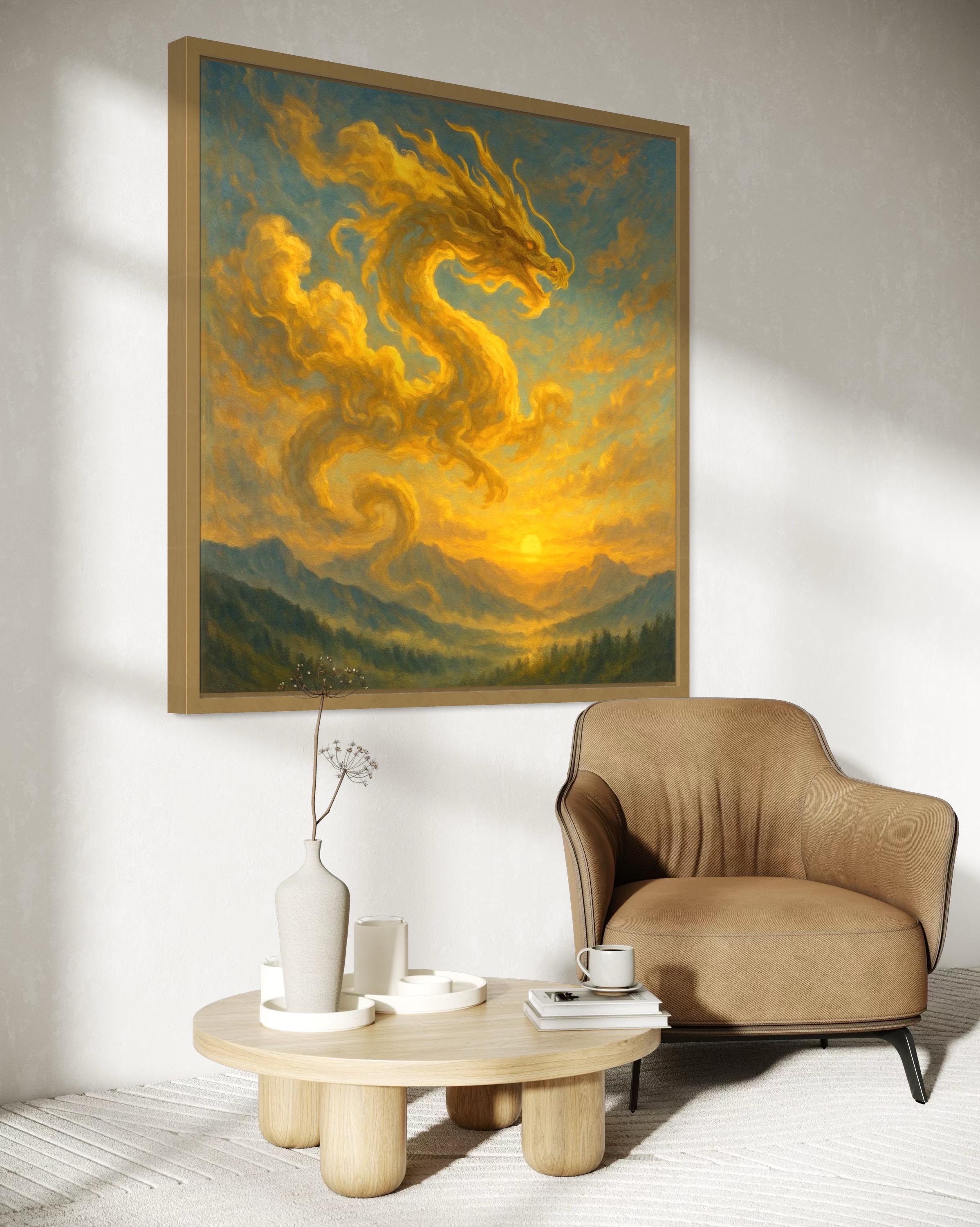 Golden dragon-like silhouette rising through amber clouds over teal mountains at sunset detail view