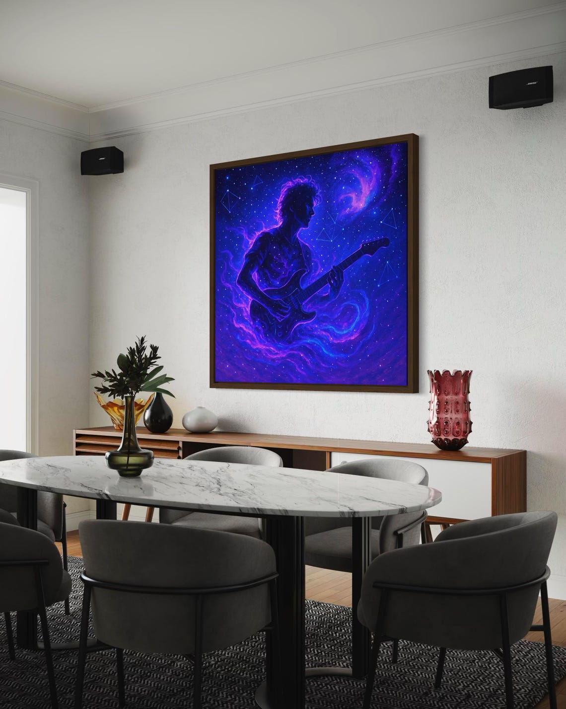 Silhouetted guitarist playing an electric guitar in a neon purple galaxy with stars and constellation lines detail view