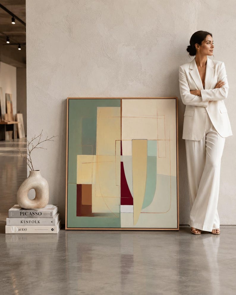 A framed abstract geometric composition combines muted sage and terracotta blocks with cream and burgundy lines in a balanced, mid-century style