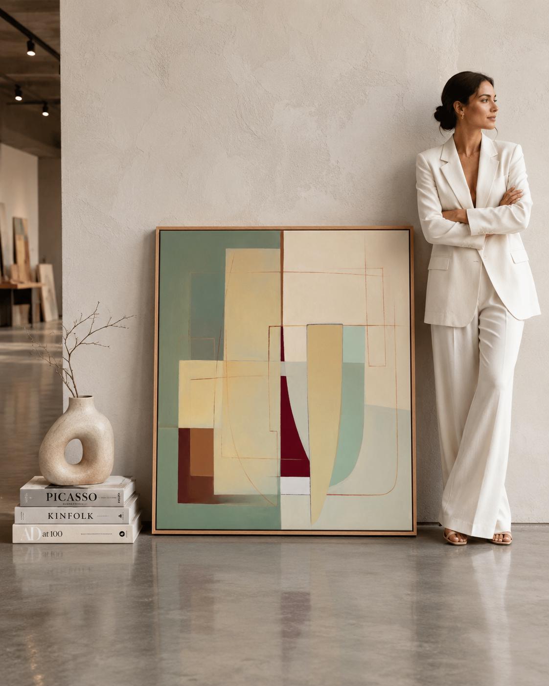 A framed abstract geometric composition combines muted sage and terracotta blocks with cream and burgundy lines in a balanced, mid-century style