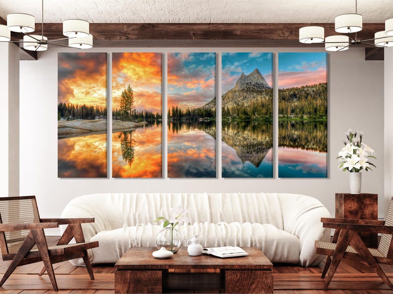 Multi-panel mountain and lake landscape with sunset skies and reflections
